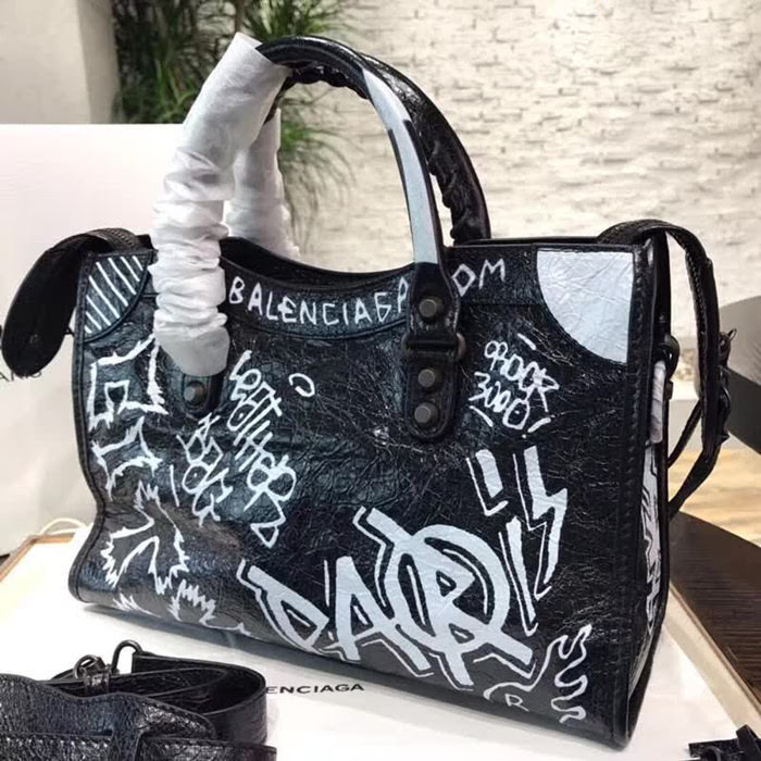BALENCIAG巴黎世家 Balenciaga city 機車包 限量 原廠爆裂紋羊皮 塗鴉字母 手提肩背斜挎包  BL1698